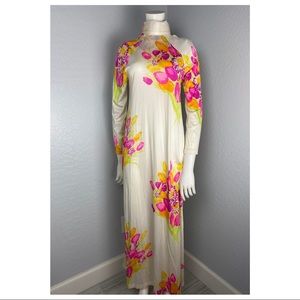 Vintage White & pink Floral Long Sleeve Maxi Dress